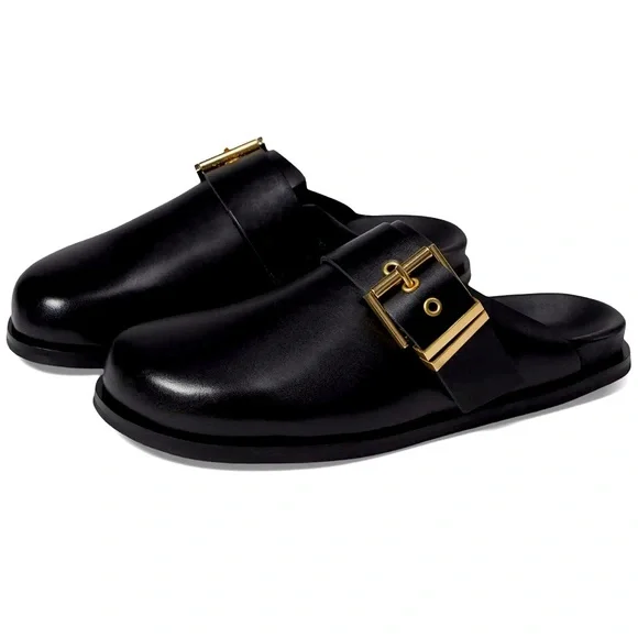 All Saints Black Mules with Gold Buckle - Picture 2 of 6